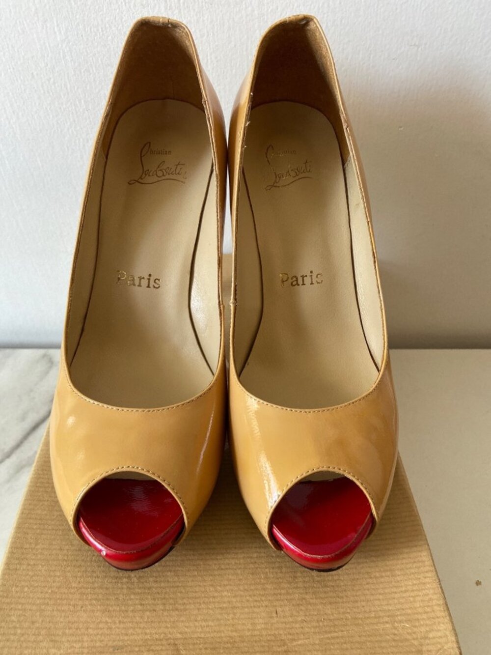 Christian Louboutin Paris Nude Patent Peep Toe Platform Pumps Red Bottom Heels 3